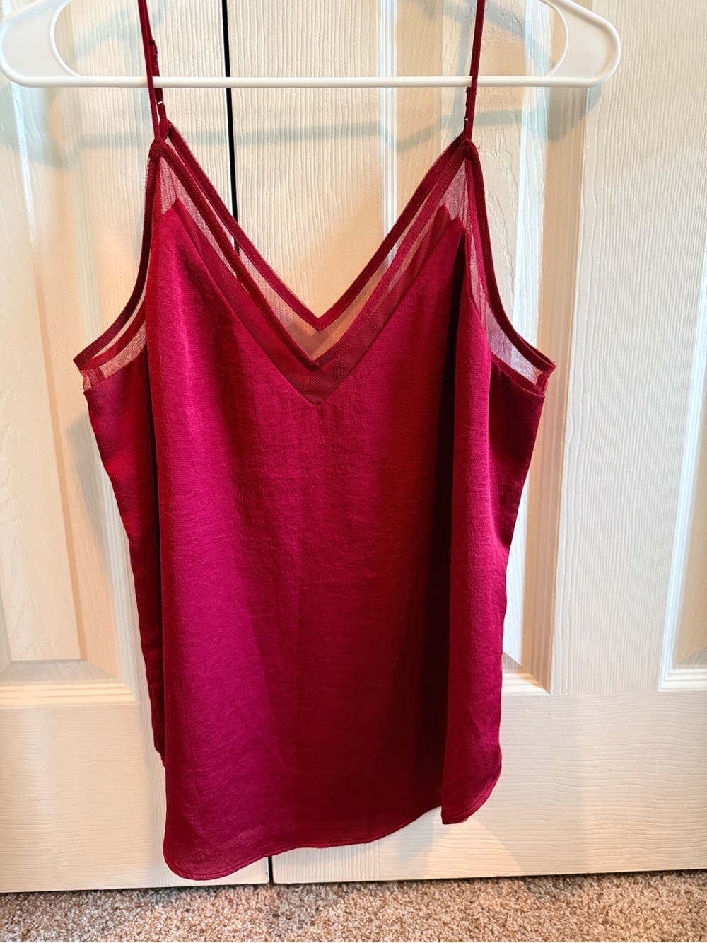Express Deep Raspberry Satin V-Neck Camisole with Sheer Trim